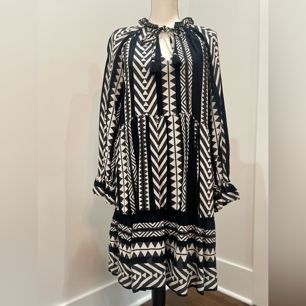 Anthropology Maeve Dominique embroidered black & White Dress Sz S Tribal / Boho